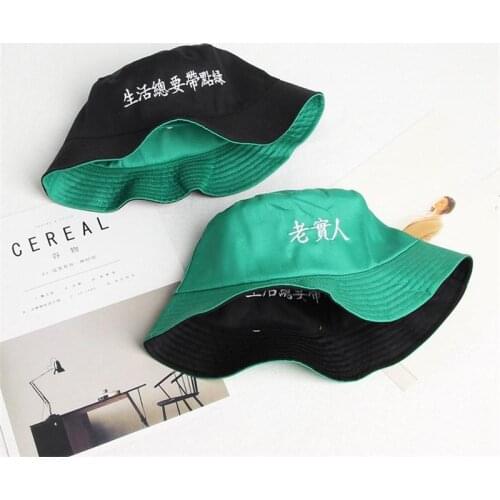 Cotton Green and Black Letter Two Sides Bucket Hat Fisherman Hat Sun Cap Hats for Men and Women 472