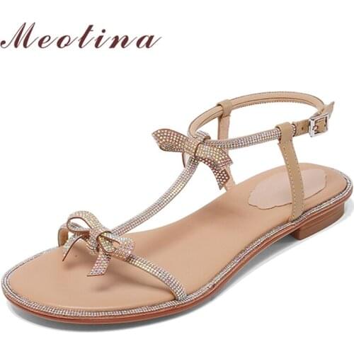 Meotina Women Shoes Flat Bow Crystal Sandals T-strap Buckle Sandals Round Toe Ladies Footwear Summer Apricot Size 34-40 Fashion