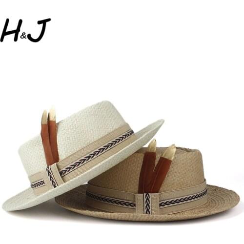Women Men Straw Sun Hat Summer Pork Pie Hat Sunbonnet Hat Lady Flat Feather Beach Panama Sunhat Fascinator Hat Size 57-60CM