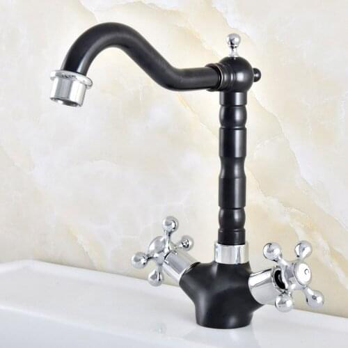 Basin Faucets Black & Chrome Brass Bathroom Sink Faucet 360 Degree Swivel Spout Double Cross Handle Bath Mixer Taps Nnf484