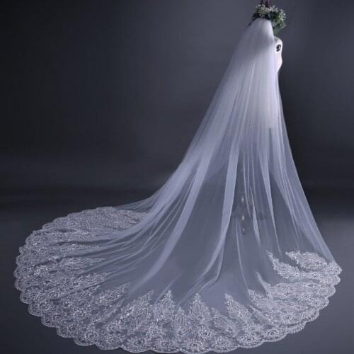 2019 Nobel Bridal Veil New Arrival Trailing Korean Sequins Lace 3M Cathedral Wedding Veils With Comb