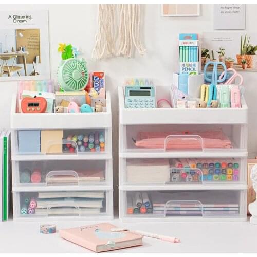 Stationery Storage Box Transparent Large Capacity Drawer Type Desktop Storage Box Plastic Notebook Cosmetic Lipstick Shelf