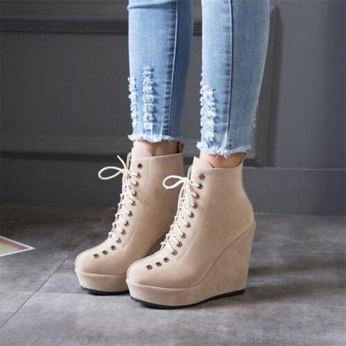 2021 Autumn Winter Fashion Lace-up Women Ankle Boots wedge Woman Platform Boots Ladies Shoes Female zapatos de mujer Beige Black