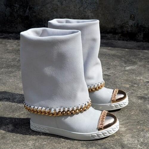 Real Photos Woman 8cm Inner Wedge Heel Mid-Calf Boots Golden Metal Toe Roman Boots Chains Side Rim Sole Boots Woman