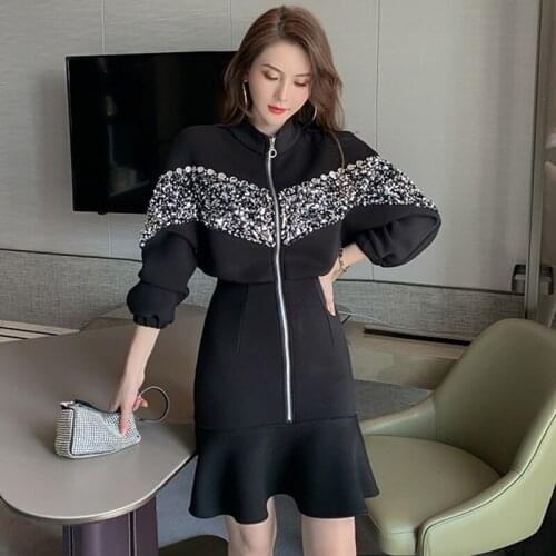 Fashion Korean Vintage Batwing Sleeve Glitter Mini Party Dress Ladies Elegant Casual Zipper Sequined Black Female Short Dress
