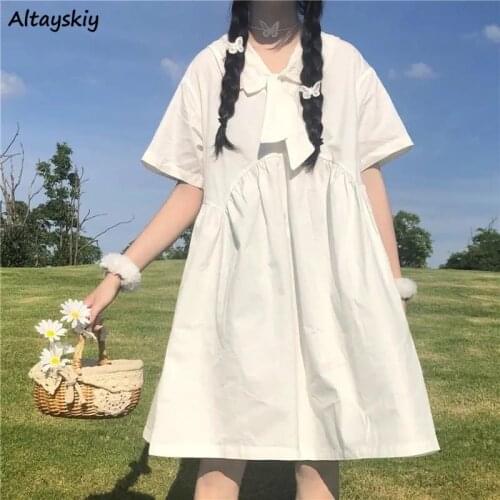 Summer Dress Women College Student Harajuku Sailor Collar Short Sleeve Vestidos Korean Style A-line Sweet Casual Sundress Chic