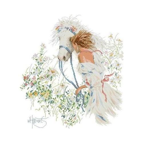 100% egypt cotton Lovely Hot Sell Counted Cross Stitch Kit Maid Maiden Lass Girl Lady Woman Girl and Horse