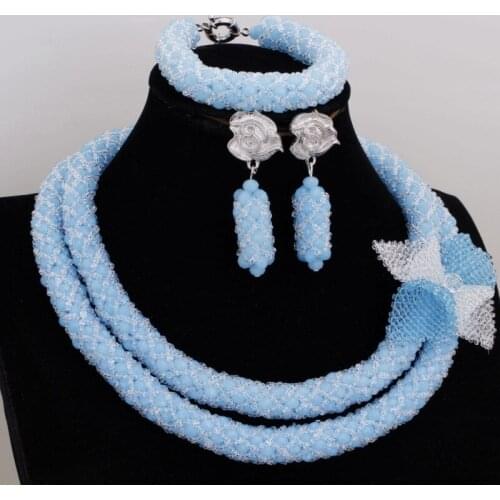 4UJewelry Sea Blue & White Jewellery Set With Handmade Beaded Flower 2 Rows African Women Necklace Set For Wedding Party Fashion
