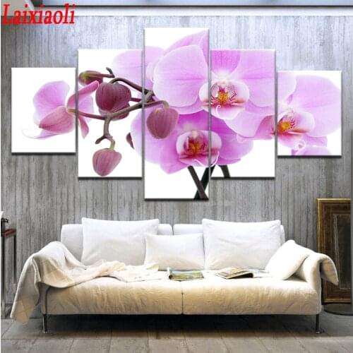 5D DIY Diamond Embroidery pink orchids Decoration Diamond Painting Cross Stitch Full Square Rhinestone Mosaic Multi-Picture 5pcs