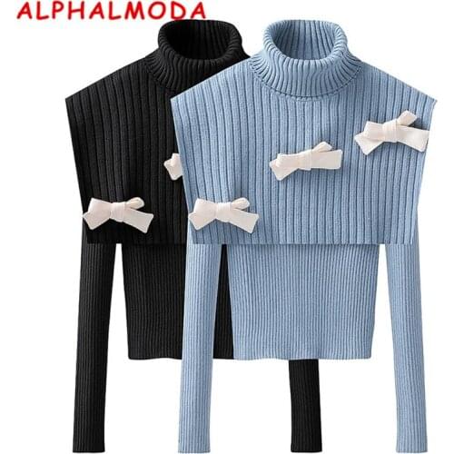 ALPHALMODA 2021 Spring Autumn Sweet Bow Knot Turtleneck Shawl + Long-sleeved Bottom Sweater Women Preppy Style 2pcs Sweater Set