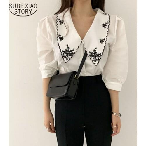 Fashion Puff Half Sleeve Floral Embroidery Blouse Women 2021 Korean Elegant White Shirts Vintage Summer Tops Blusas Mujer 14223