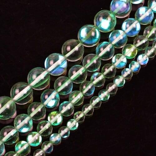 15" Green Glitter Clear Austria Crystal Dull Polish Moon Stone Loose Beads For Jewelry Making Bracelet Necklace 6-12mm