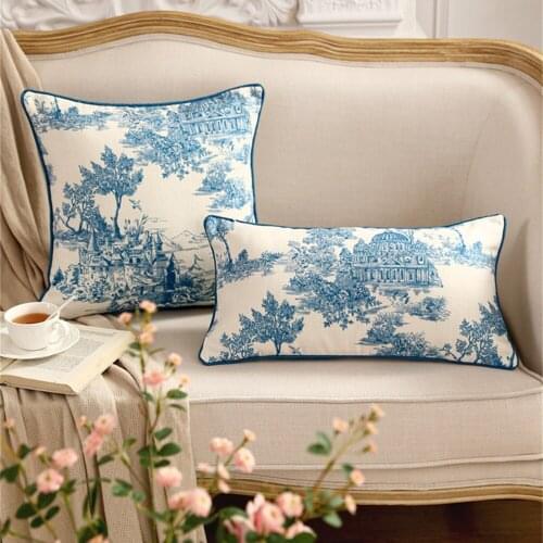 Luzern Throw Pillow Cushion Cover White Blue Hand Paint Decorative Rectangle Accent Pillow Case French Castle Print AB Side 45cm