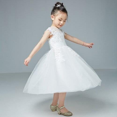 White Sleeveless Tea Length First Communion Flower Girl Dresses for Kids Floral Lace Pageant Weddings Party Prom Gown