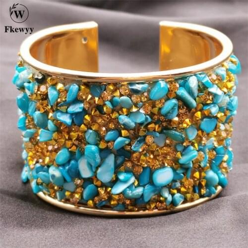 Fkewyy Designer Luxury Bracelet Woman Jewelry Bohemia Metal Blue Cuff Bracelets Rhinestone Natural Stone Accessories Charm Party