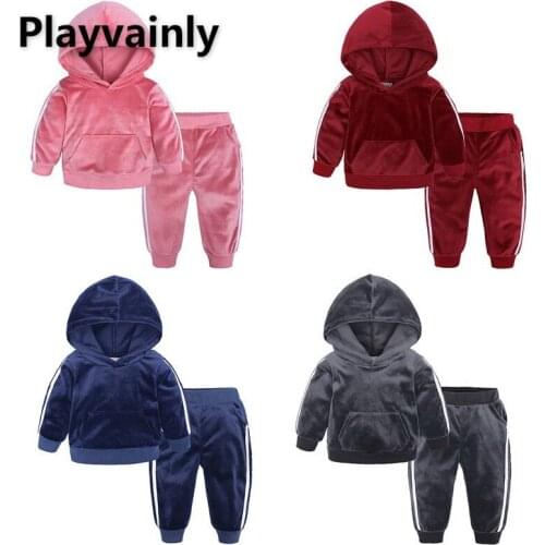 Boy Girl Suit 2021 New Baby Velvet casual Sports Hooded 2PCS Outfits Set Baby Clothes E100224