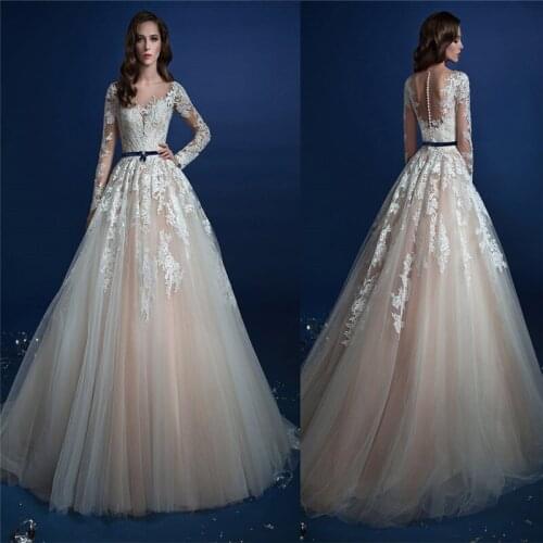 Long Sleeves Lace Appliques Wedding Dresses Lace Appliques With Buttons Back A Line Bride Gowns Custom Spring Long Formal