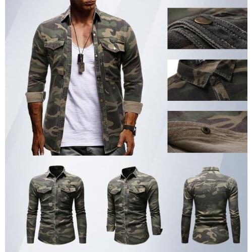Fashion New mens camouflage denim shirt army green long-sleeved loose jean shirt mens casual outdoor top
