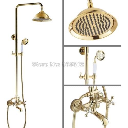 Bathroom Gold Color Brass 8.2 inch Shower Head Luxury Rain Shower Faucet Set /Wall Mounted Dual Handles Bathtub Mixer Tap Wgf353