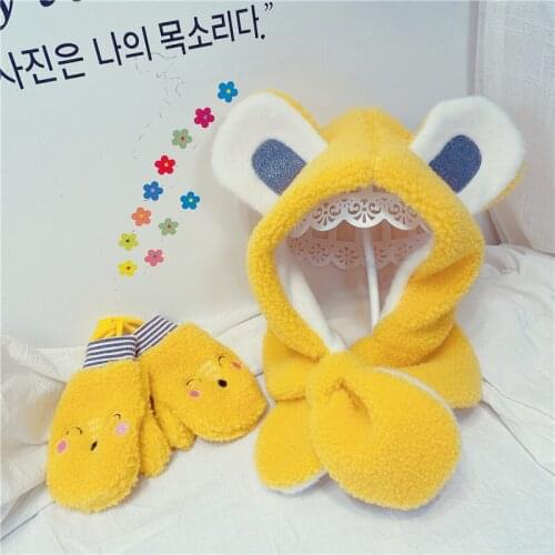 New 2020 Autumn Winter Cute Bear Ear Caps velvet childrens hat gloves for Boys Girls winter Kids Cross Scarf Baby plush Caps