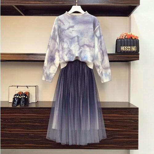 2021Fall Winter New Fashion Ladies Suit O-Neck Full-Sleeve Personalized Tie-Dye Knitted Sweater Purple Mesh Skirt Two-Piece Sets