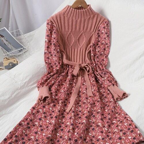 Patchwork Dresses Women Knitted Floral Corduroy Maxi Dress Lace Up Slim Waist Robe Sweet Vintage Vestidos Female