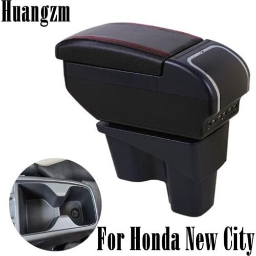 For Honda New City armrest Dual Layer Large Space PU Leather Central Store Content Box with cup holder ashtray USB interface Mod