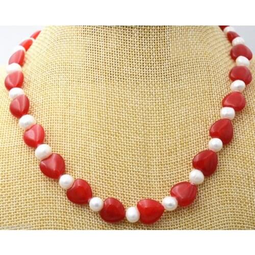 Selling Jewelry>>charming 12mm red Jadeite Heart & 7-8mm white pearl gem stone bead necklace 20inch