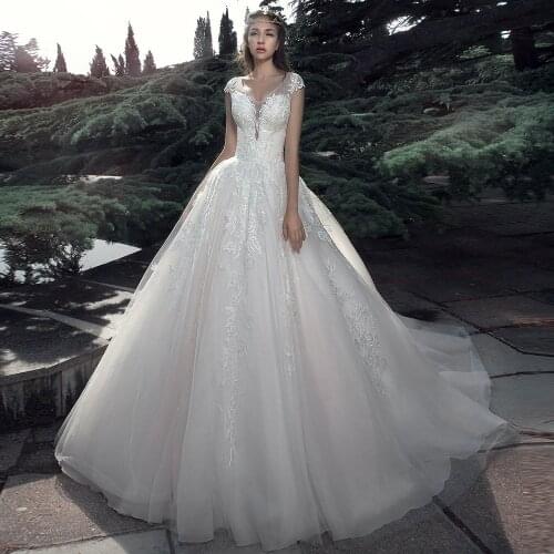 Custom Made Wedding Dress Plus Size Vestidos De Boda V-neck Lace Up Back Appliques Cap Sleeve Bridal Gowns Casamento
