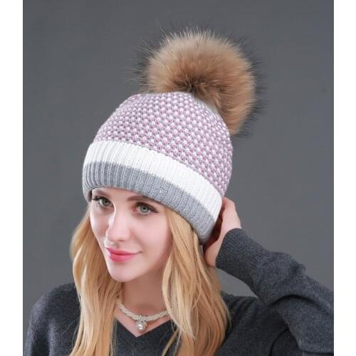 CNTANG 2021 New Double layer Plus Velvet Warm Hat Winter Knitted Beanie Fashion Hats For Women Natural Raccoon Fur Pompom Female