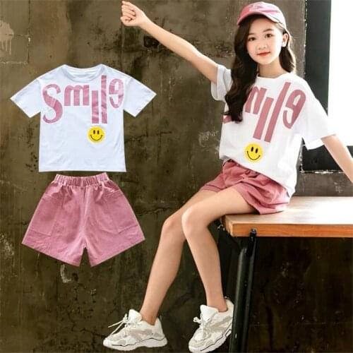 2020 Sport Suit For Girls 4-11 Years Beauty Print Cartoon Smile Top + Solid Shorts With Belt Set Child Summer Girls Clothing Set
