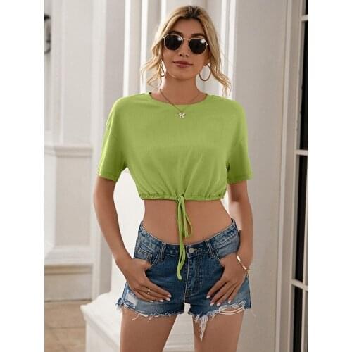 Crop Top With Lace Up Summer Clothes For Women 2021 Short Sleeve T Shirt Ladies Streetwear Casual Tshirts Multicolor Y2k Style