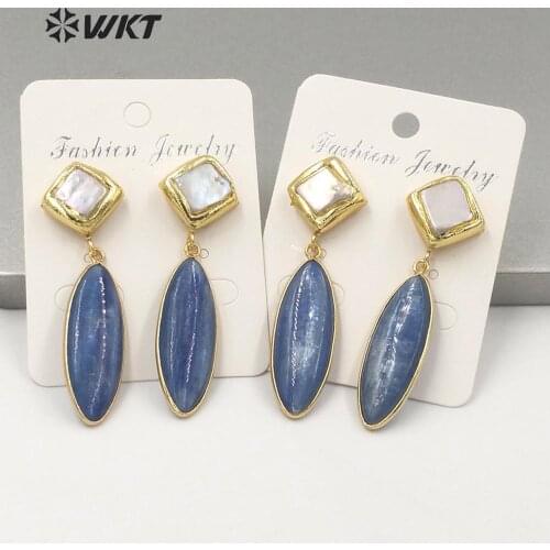 WT-E638 Best selling new arrival blue kyanite stone earrings pearl stud earring charming oval stone drop earring