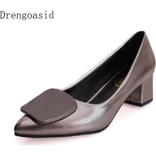 2019 Large size womens shoes Fashion Leather Womens Shoes Single Shoes Women Square Heel Pointed Toe Shallow Single Shoes