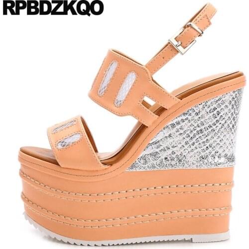 Women wedge platform sandals nude slingback lolita pumps fetish flatform shoes embellished exotic dancer orange extreme stripper