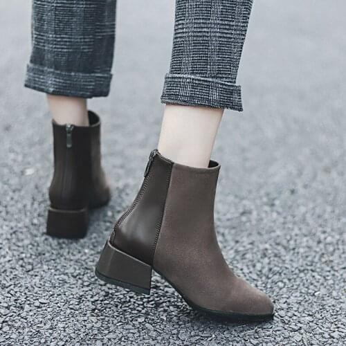 Womens flock patchwork short chelsea boots brief design solid square toe ankle botas mujer casual zip chunky knight botines2019