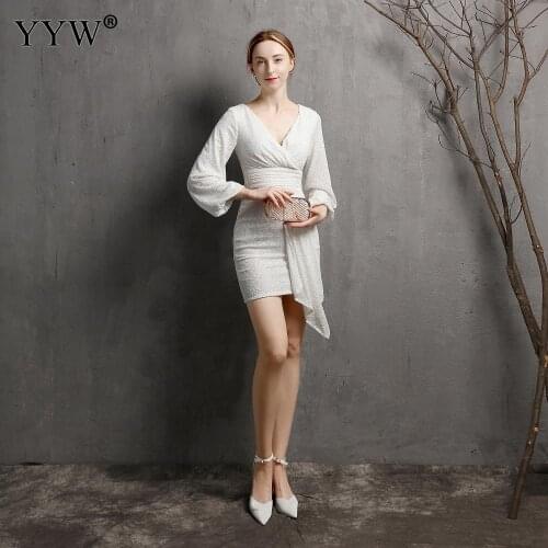 2021 Women Mid Length Evening Dress New Sequins Cocktail Party Short Dress Long Sleeve V Neck Slim Pencel Dresses Formal Party