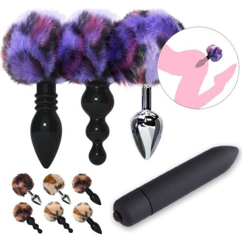4pcs set Bunny Tail Butt Plug Vibrating Anal Plug Sex Toys for Woman Men Gay Anal Toy Stainless Steel Buttplug Anal Sex Products