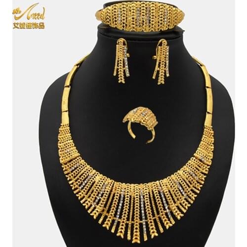 African 24k gold color jewelry sets for women Dubai bridal wedding wife gifts gem necklace bracelet earrings ring