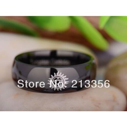 Free Shipping UK Russia Brazil USA Hot Selling 8MM Black Dome Supernatural The Lord Mens Fashion Tungsten Carbide Wedding Ring