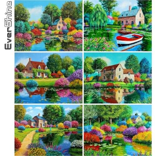 Evershine Diamond Embroidery House Mosaic Art 5D DIY Diamond Painting Lake Landscape Cross Stitch Spring Home Decorations