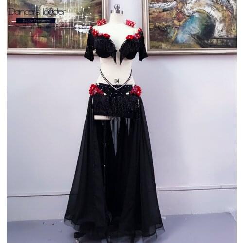 Belly Dance Suit Diamond Flower Blouse Tassel Skirt Adult Children High-end Large Size Costume Performance Costume Custom Size