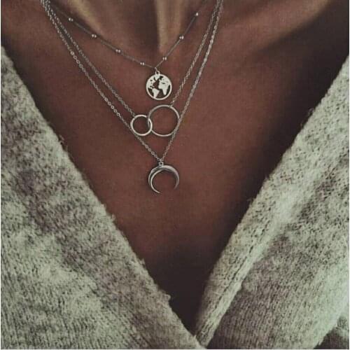 Fashion Jewelry Multi Layers Pendant Necklace Double Circle Moon Ox Horn World Map Plated Metal Bead Chain Women Gift