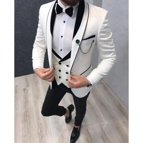 Men Suit 3 piece White V Neck Leisure Notched Lapel Tuxedos Men Suits for Wedding (Jacket+Pants+Vest)