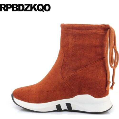 Wedge Shoes Women Boots Winter 2021 12 44 13 45 Big Size Casual Elevator Lace Up Round Toe Plus Ankle Platform Suede Brown Green