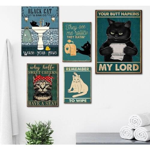 Punk Black Cat Canvas Painting Retro Interesting Mental Health Bathroom Living Room Decoration Painting Wall Art Home Decor