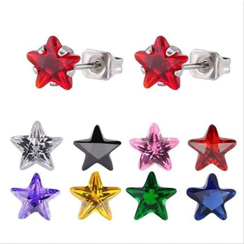 Pe104 316L Stainless Steel Stud Earrings Size 6mm Star Shape Colorful AAA Zircon Vacuum Plating No Fade Allergy Free