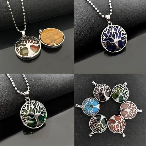 Charm Life Tree Crystal Natural Stone Pendant Amethyst Turquoise Color Opal Zinc Alloy Pendant Necklace for Lady Accessories