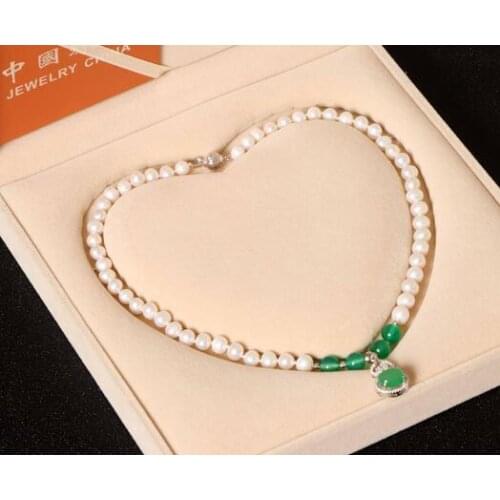 Jewellery 7-8mm White Freshwater pearl jade Pendant necklace s925 silver