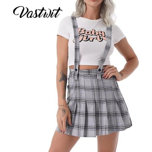 Womens Plaid Pleated Mini Tartan Overall Skater Suspender Skirt